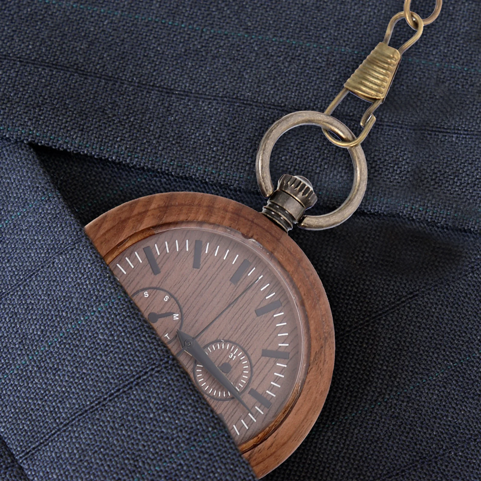 ساعة جيب خشبية بتصميم عتيق بتصميم عتيق وسلسلة متوسطة الطول ووقت دقيق وساعة معلقة مزخرفة للرجال