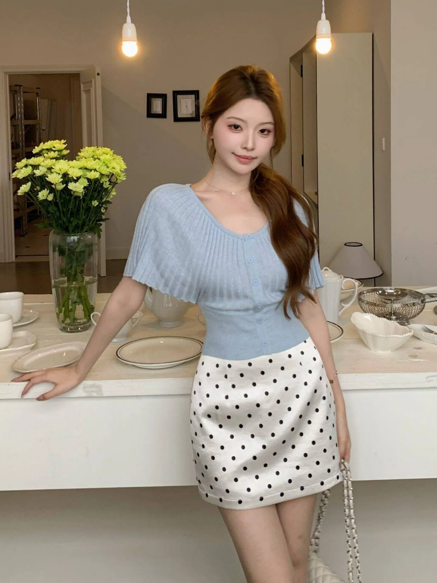 

Korean Gentle Accordion Pleat round Neck Knitted T-Shirt Women Summer Unique Beautiful Slimming Short Style Breathable Skin-F...