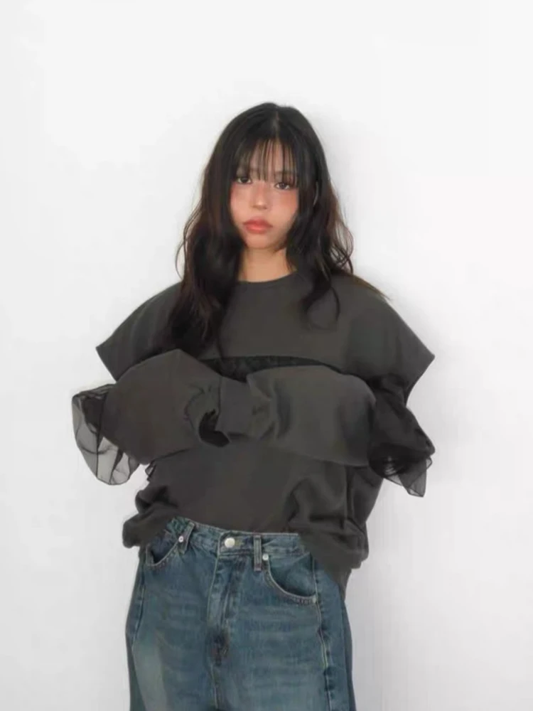 Clothland femmes élégant sweat à volants col rond découpé à manches longues pull femme mode Chic hauts HA613