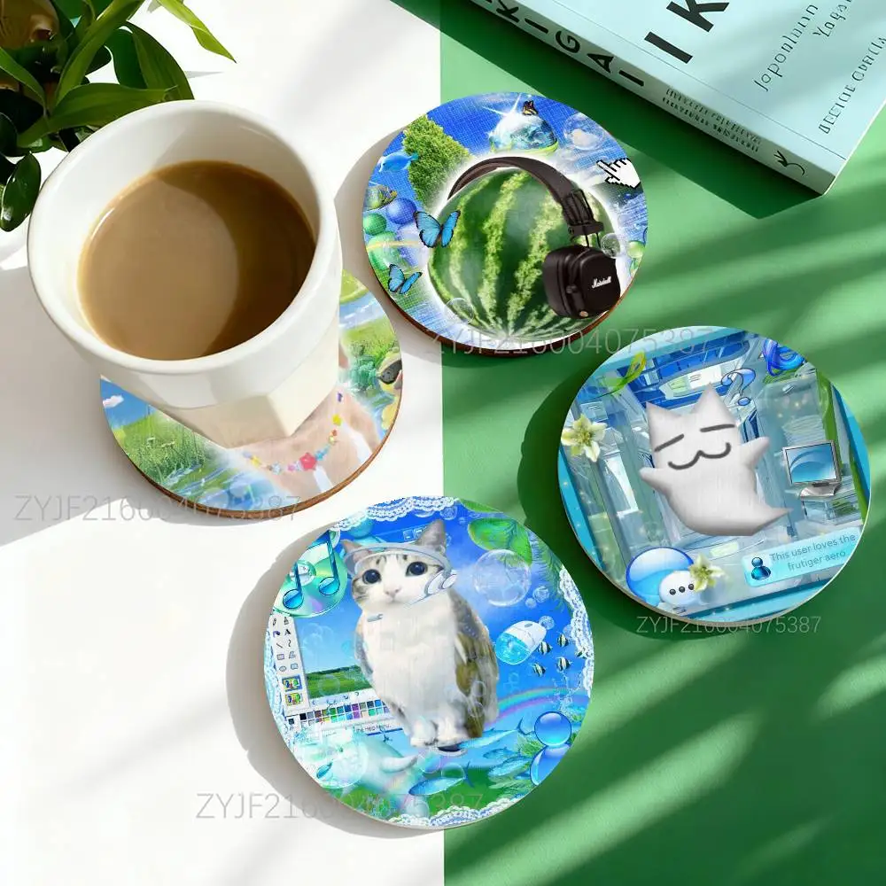 

Frutiger Aero Aesthetic Core Round Wooden Coasters Heat Resistant Non-slip Drink Cafe Decoration 2D Flat Print Coasters Set