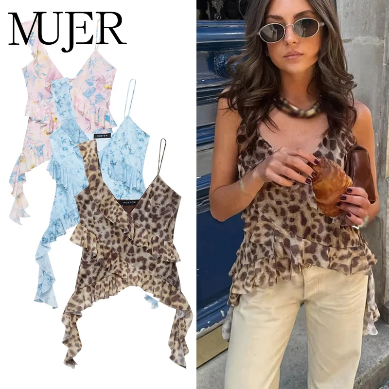 MUJER Leopard Print Ruffle Top Women Sexy Backless Tulle Tops for Woman Camisole Sleeveless Tops Women Summer Beach Women's Tops