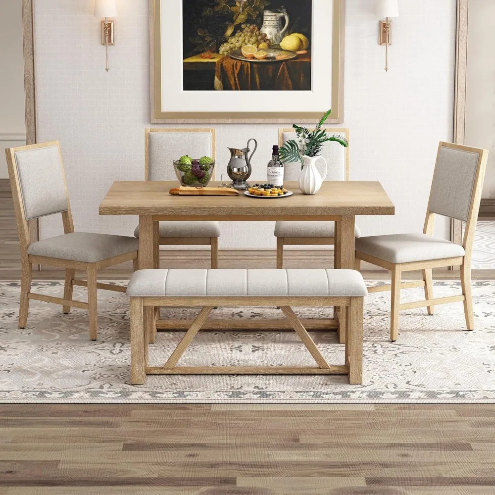 

6-Piece Dining Table Set, Acacia Wood Table with Designed Trestle Base and 4 Upholstered Chairs & 1 Bench, Dining Room Set