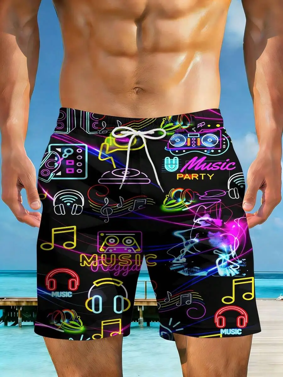 

Mens Quick-Dry Swim Trunks Featuring Neon Music Party Motifs With Headphones And Cassette Tape Print