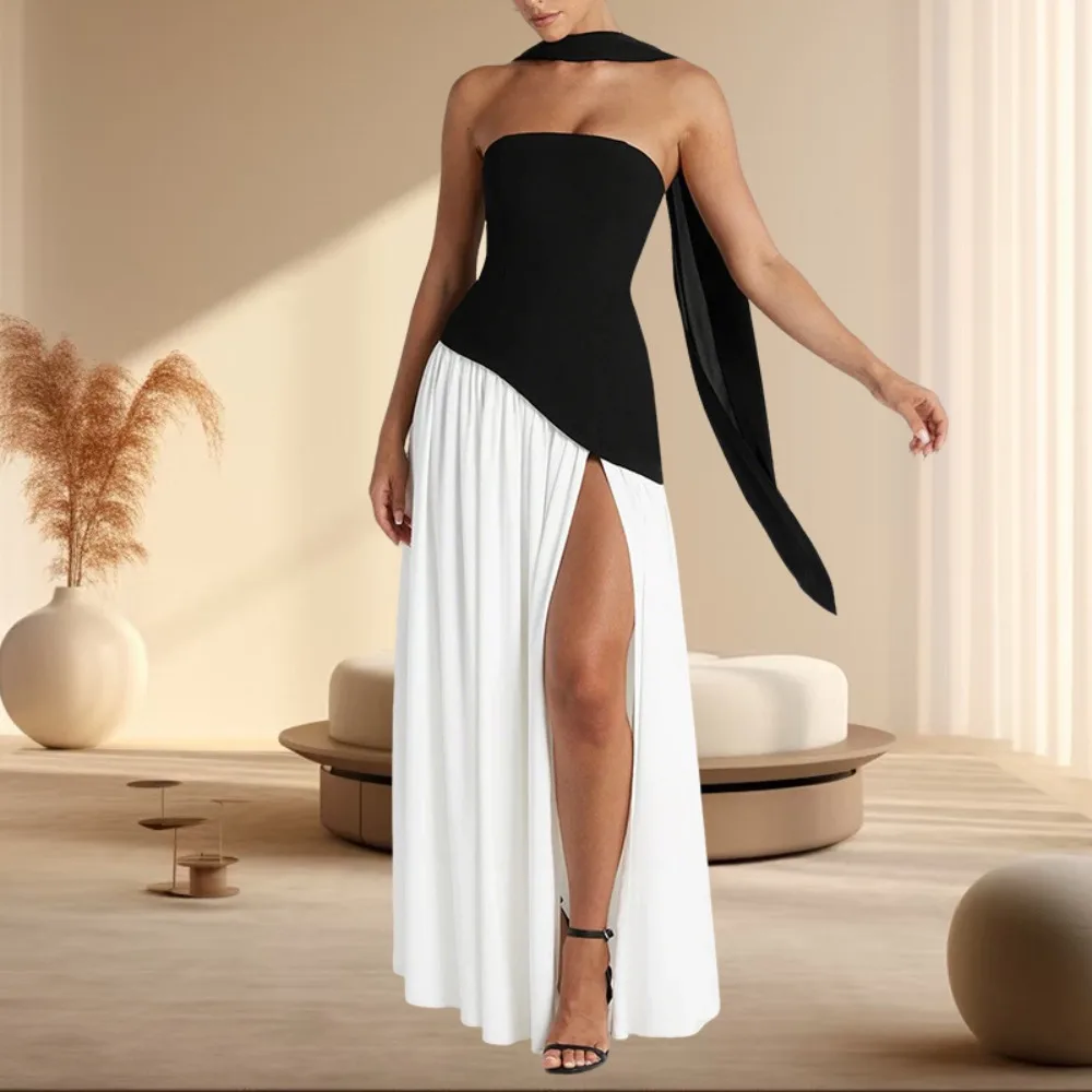 

Элегантное однотонное плиссированное платье макси для женщин, сексуальное платье без рукавов с открытыми плечами и высоким разрезом, шарф, облегающие платья, новинка 2025, праздничная одежда