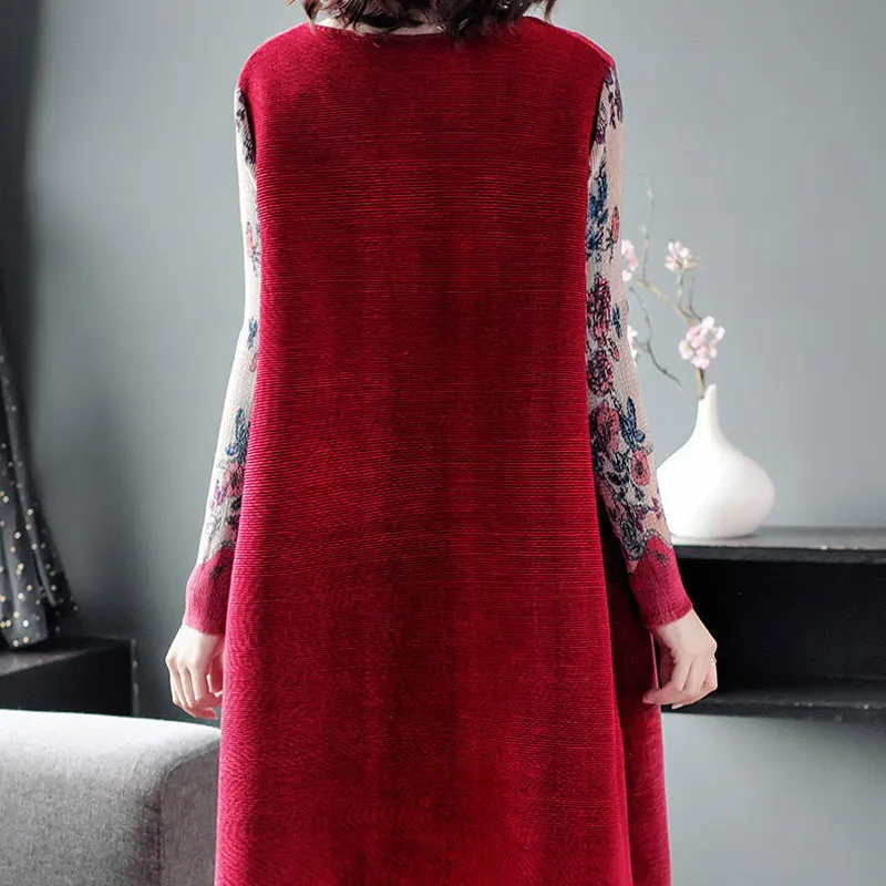 Women's Clothing Vintage Floral Printed Dresses Casual Loose 2023 Spring Autumn Long Sleeve Commute A-Line Round Neck Midi Dress