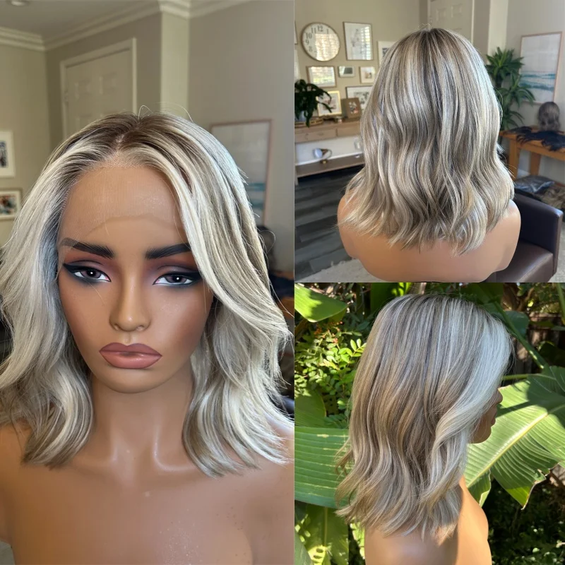 

Термостойкий парик 13x4 с эффектом омбре: пепельно-серый с блондом, синтетический, с HD-кружевной передней частью, короткий волнистый боб с прорисованными корнями, 14 дюймов