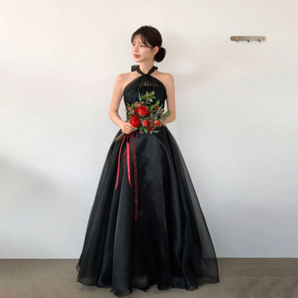 XPAY Halter Sleeveless Evening Dress Korea Wedding Photo Shoot Dress Elegant Silk Organza Floor Length Party Customized
