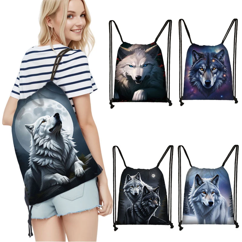 

Colorful Mysterious Wolf Print Backpack Winter Howling Wolf Drawstring Bags Casual Storage Bag Shoes Holder Teenager School Bags