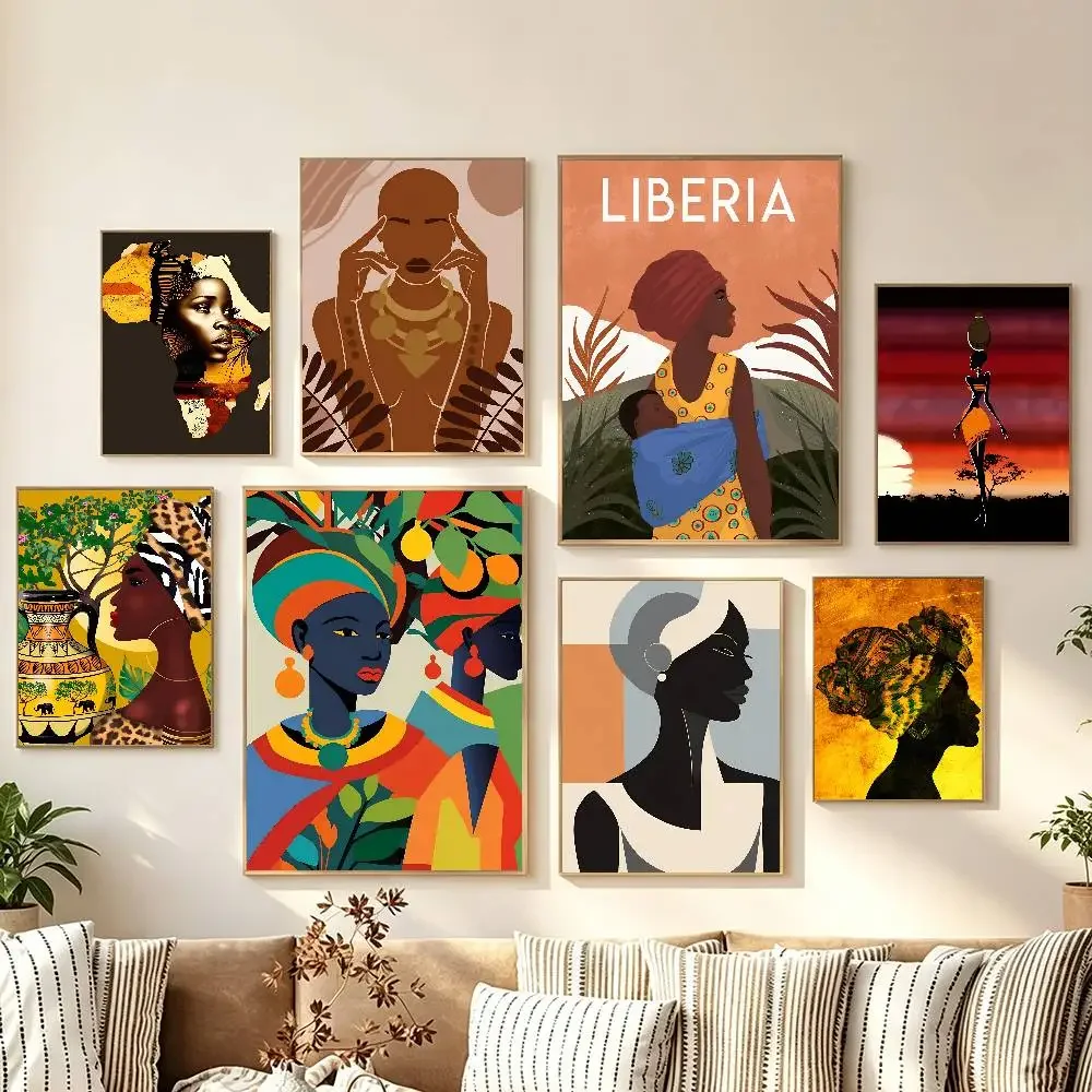 Liberia Minimalist African Woman Poster Self-adhesive Art Room Entrance Restaurant Wall Decor Art Painting