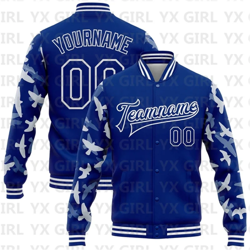 

Custom Royal White Flying Bird Sleeves 3D Pattern Design Bomber Full-Snap Varsity Letterman Jacket 3D Baseball Button Jacket