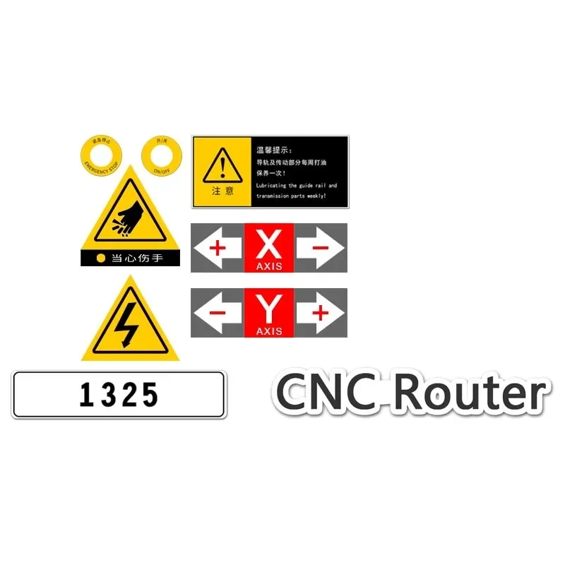 1PC New Caution Sign  Engraving Machine Safety Sign PVC Label X/Y/Z Axis Sticker 1325 Signage CNC Switch Emergency Stop Paste