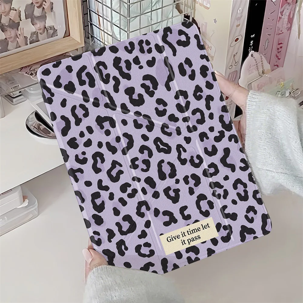Purple Leopard Print Y-fold Case For iPad Pro 13 11 M5 M4 2025 2024 Pro 12.9 10.5 iPad 10.2 9th 8th 7th Gen 9.7 Pen Holder Cover