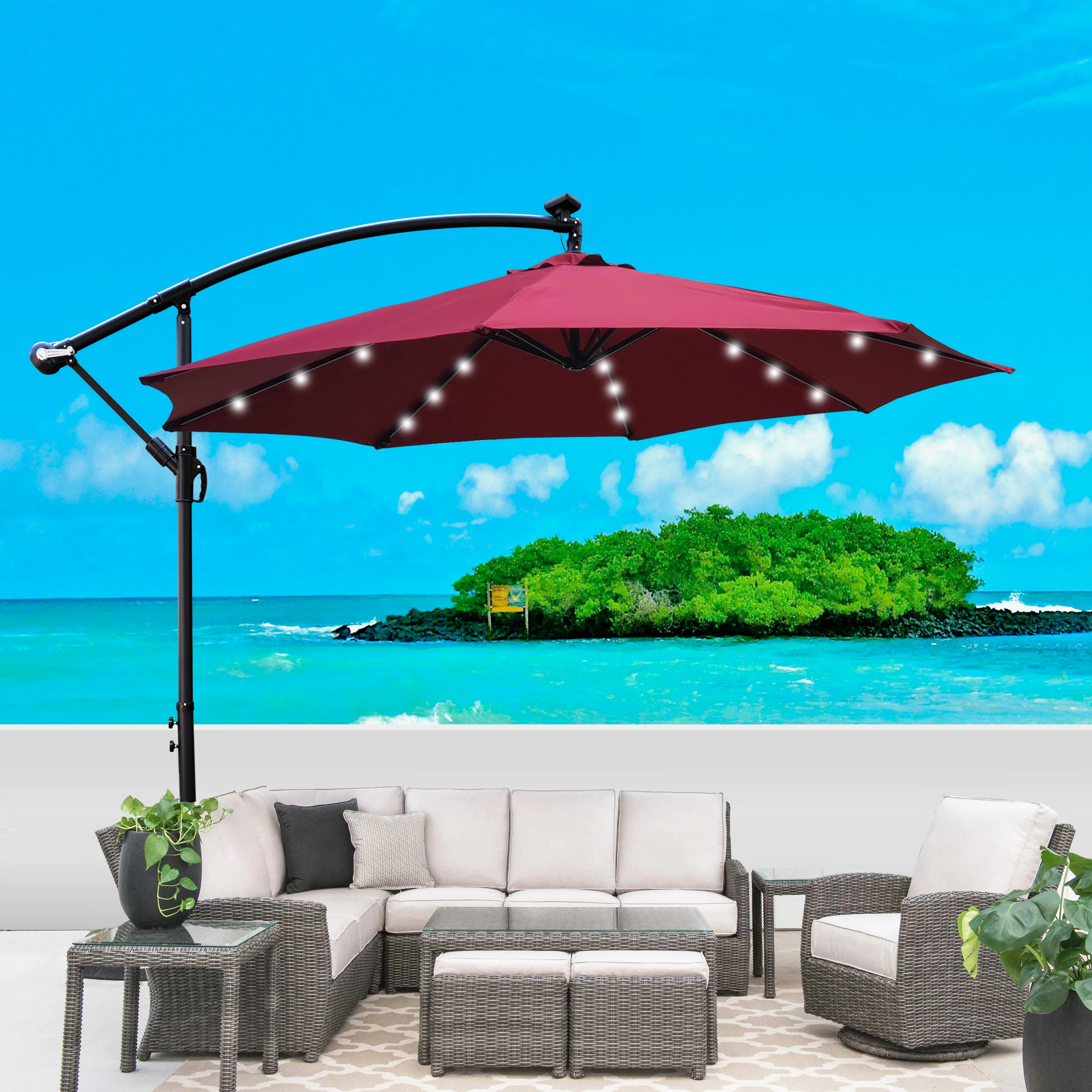 10ft Solar LED Patio Umbrella – Outdoor Market Umbrella with Crank Lift, 8 Ribs, Waterproof Canopy & Cross Base, Solar-Powered Lights for Garden, Deck, Pool & Backyard