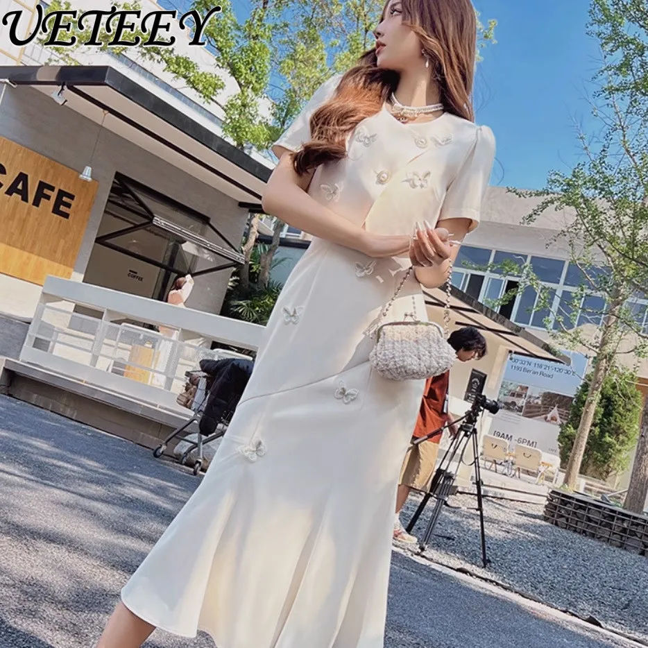 

Summer Socialite French Three-Dimensional Bow Decoration Short Sleeve Jacket Slimming Fishtail Sling Dress Two-Piece Suit