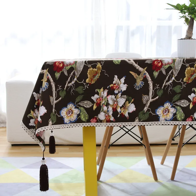 Chinese Classic Printed Tablecloth with Tassels Cotton and Linen Table Cover for Living Room Elegant Dust-Proof Home Accessories