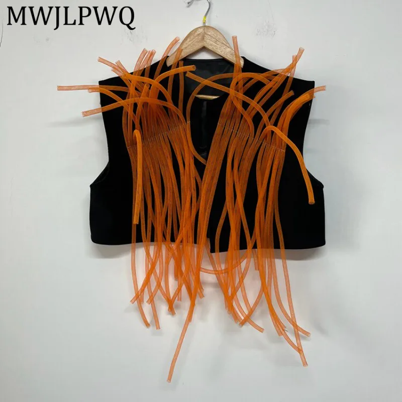 MWJLPWQ Black Sleeveless Vest Open Front Round Neck Transparent Long Plastic Fringe Decor Loose Men Street Layer Outer Top 16799