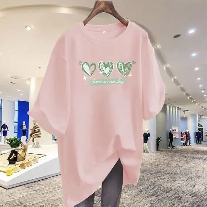 

Summer New Fashion Love Print Pure Cotton Short Sleeve T-Shirt Women's Casual Loose Top Lady Chic Basic Tees