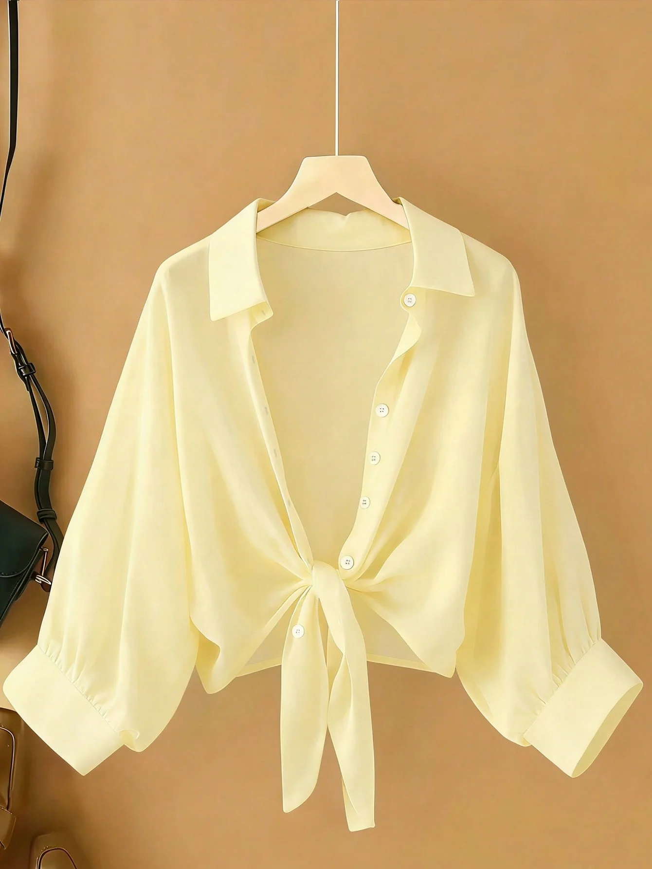 Yellow Tie-Front Cropped Blouse, Lantern Sleeve Button-Down Shirt，Everyday Wear, Office Casual, Beach Cover-Up