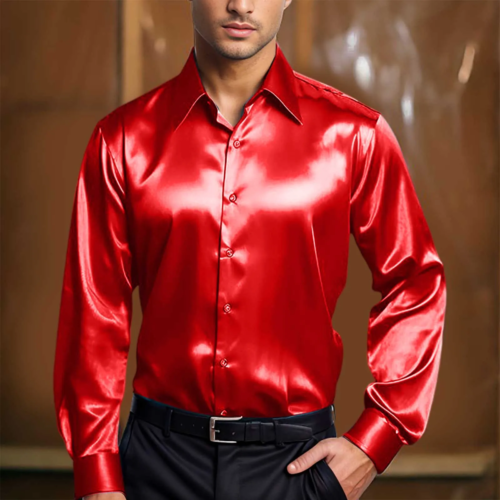 Bright Face Men Satin Silk Shirt Top Casual Fashion Solid Color Lapel Long Sleeve Shirt Night Club Shirt Blouse Men's Clothing