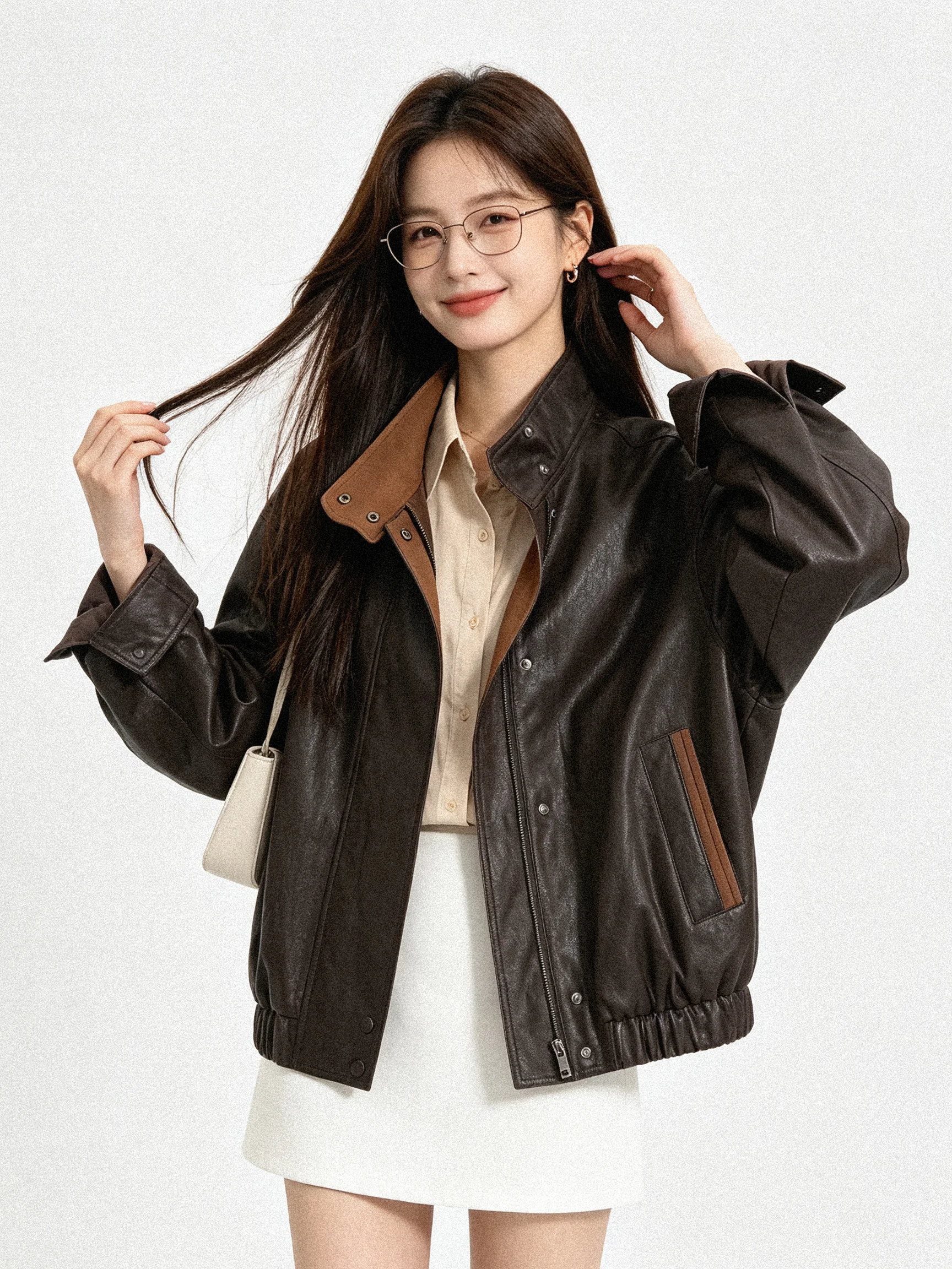 2026 New Commuter Short Style Korean System PU Leather Jacket Color Block Stand Collar Jacket Outerwear for Young Women