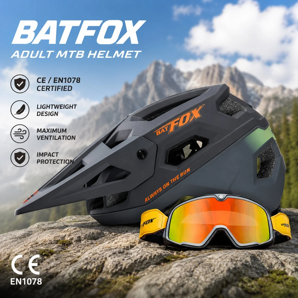 

BATFOX 2026 Bicycle Helmet Mountain Bike Helmet with Removable Safety Goggles Detachable Visor Lightweight Helmet for Adult