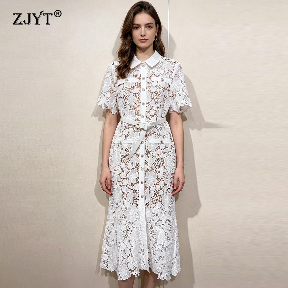 

ZJYT Elegant Lady Hollow Lace Dress White Summer New 2026 Women's Short Sleeve Embroidery Midi Mermaid Party Dresses with Belt