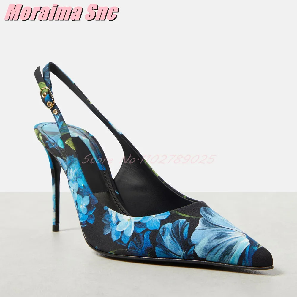 Floral Satin Slingback Pointed Toe Sandals Stiletto High Heel Shallow Slip On Sexy Fashion Runway Women's Dress Shoes Banquet