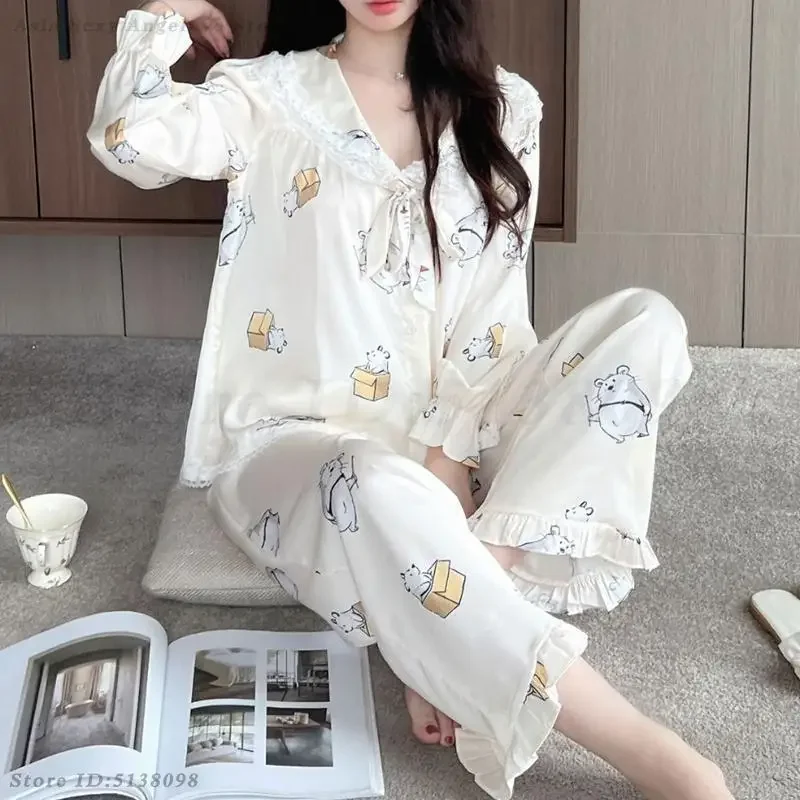 

Пижамный комплект с длинными рукавами из 2 предметов, милый милый принт, одежда для сна с героями мультфильмов, сексуальная кружевная пижама Pour Femme, весна-лето, новая атласная домашняя одежда