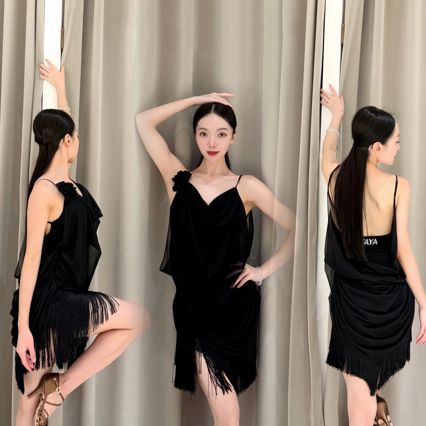 Latin Dance Dress Women Competition Clothing Black Fringe Dress Mesh Tops Tassel Skirt Practice Suit Cha Cha Rumba Wear DNV24281