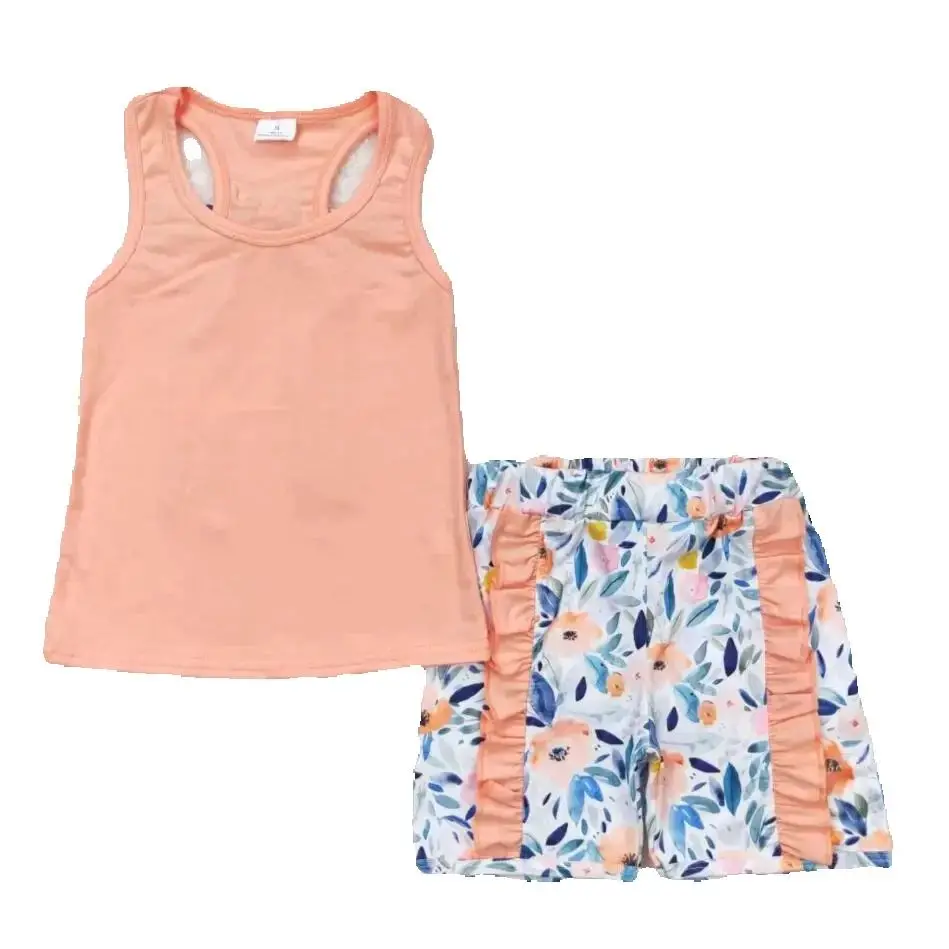 

wholesale children's clothing short sleeve Orange Top Floral Ruffle girls summer suit boutique toddler kid clothes sets clothing
