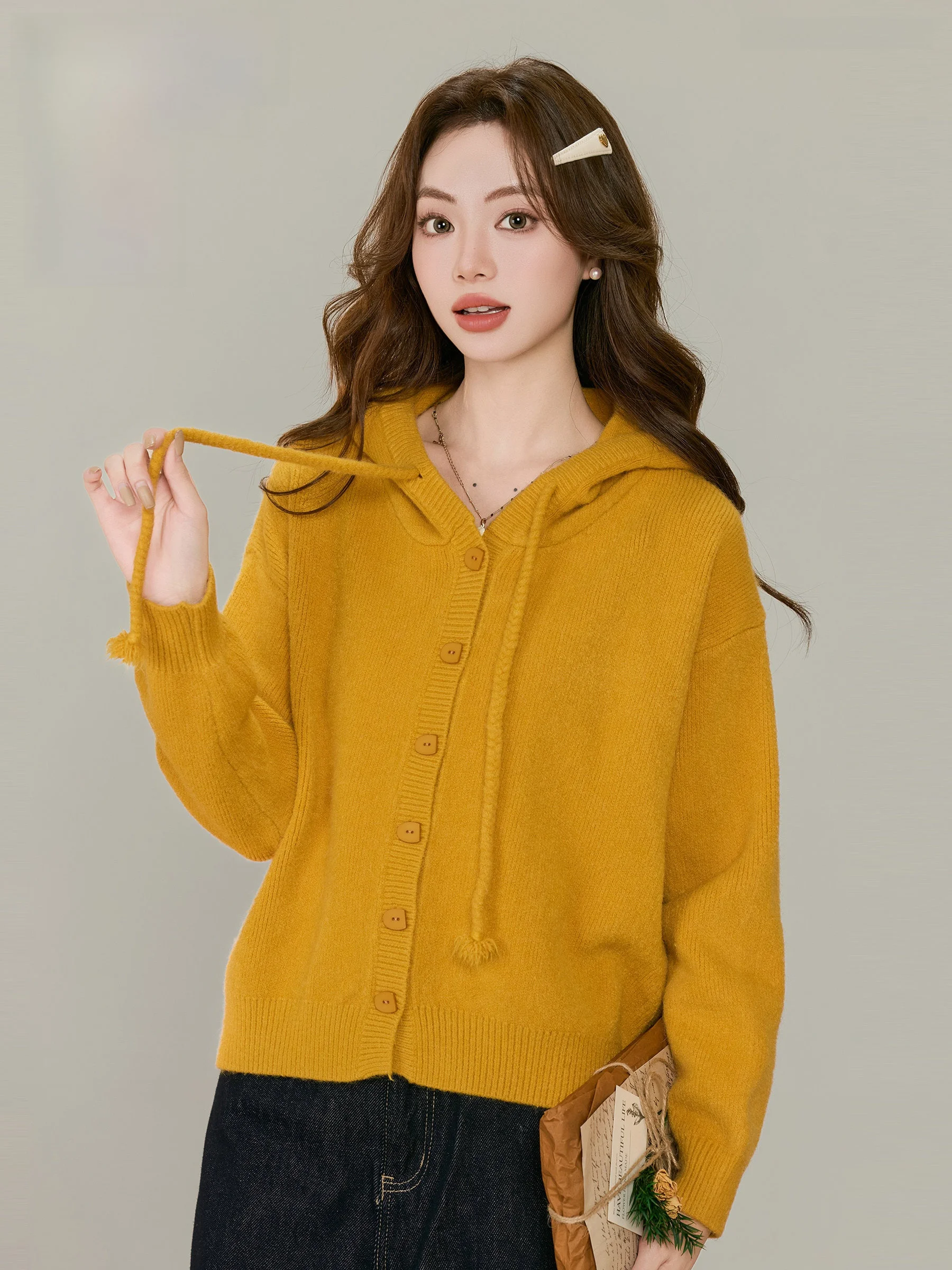 

Orange Glow Intention Ling Nine Knitted Open Cardigan ort Sve Women's Outerwear Loose Coat Lazy Polyester Fiber Winter Warm