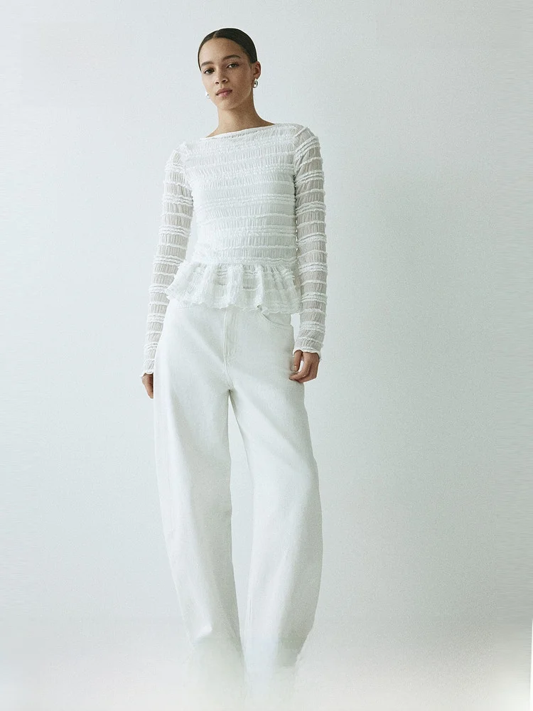 

Новая летняя женская рубашка H&M с драпировкой, приталенная, с длинным рукавом, из полиэстера и эластана, с вырезом на одно плечо, пуловер