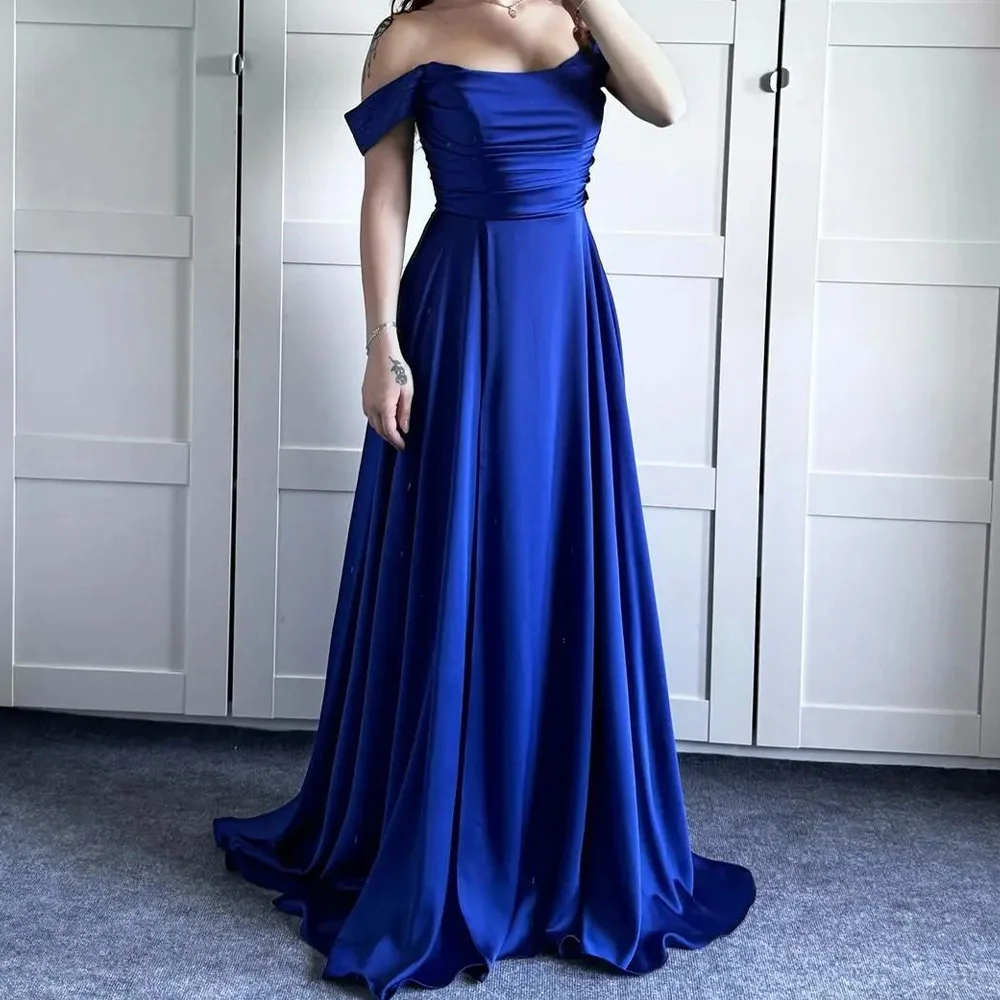 Satin Zipper Back Sleeveless Off the Shoulder Boat Neck A-Line Front Slit Sweep Train Floor Length Temperament Evening Dress