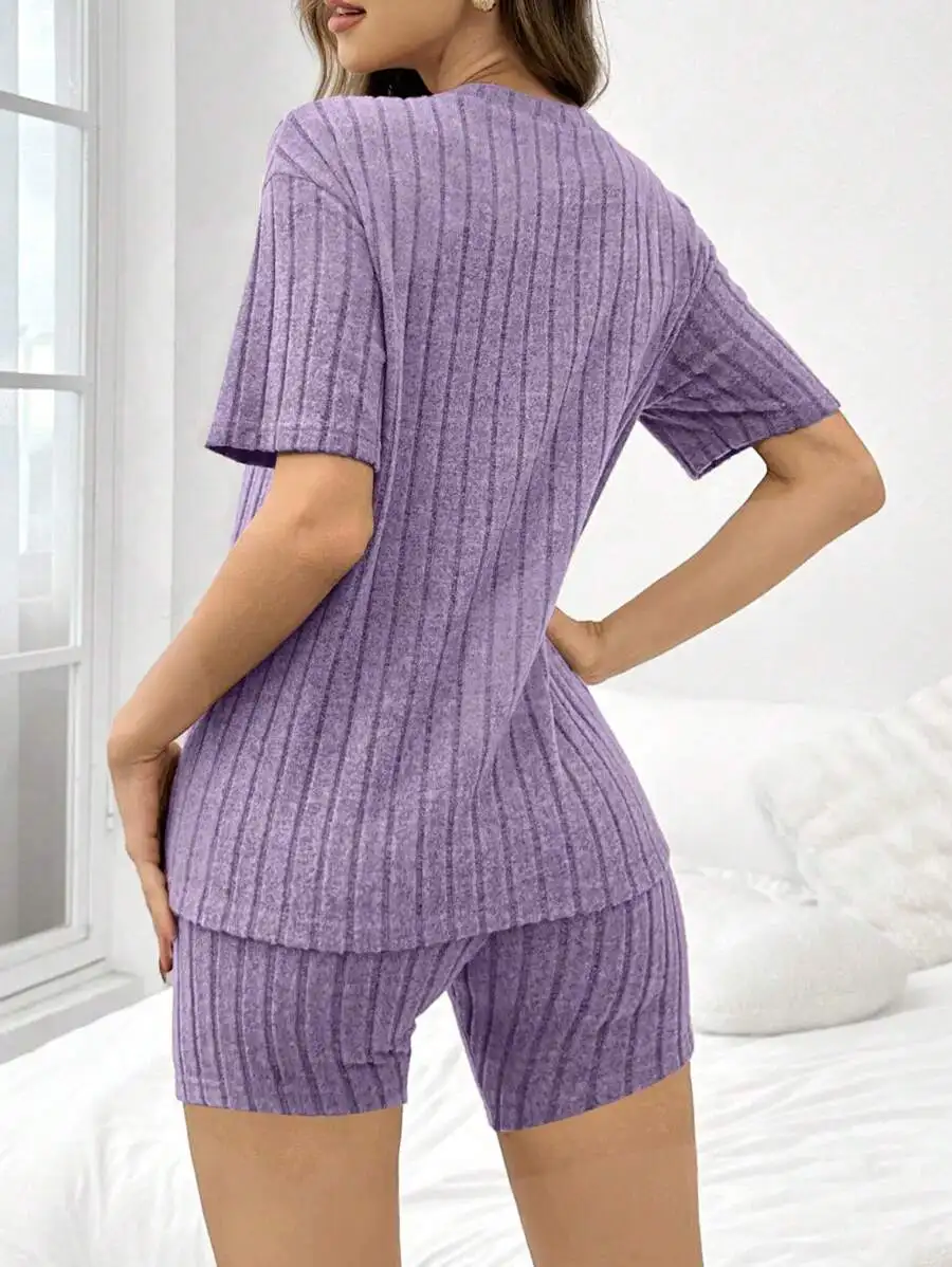 Women Solid Ribbed Loose Round Neck Crop Top And Shorts Pajama Set