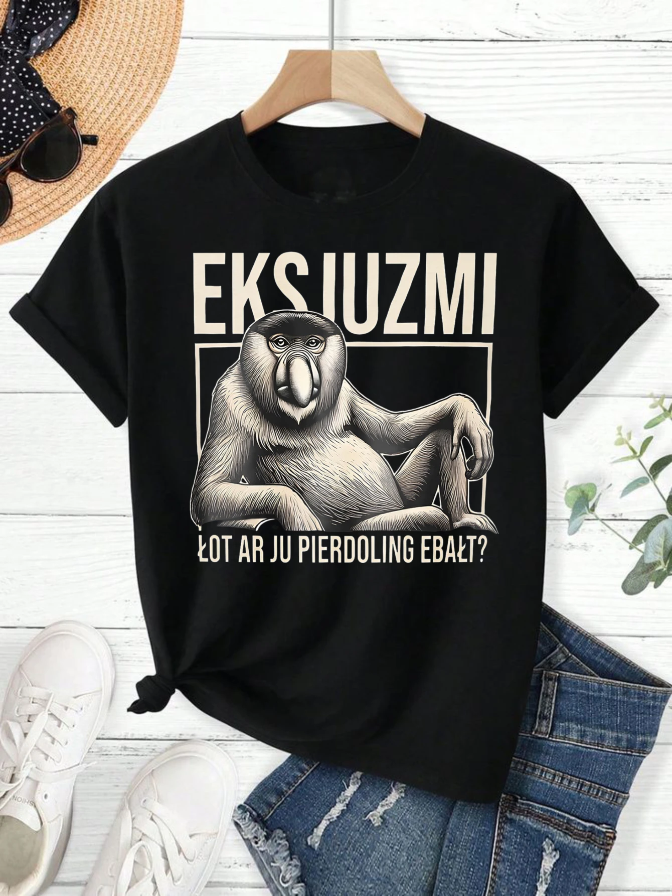 Funny Polish Language T-Shirt EXKJUZMI JANUSZ Monkey Graphic Tee Regular Fit Casual Short Sleeve Top Gift for Gym Hiking Daily