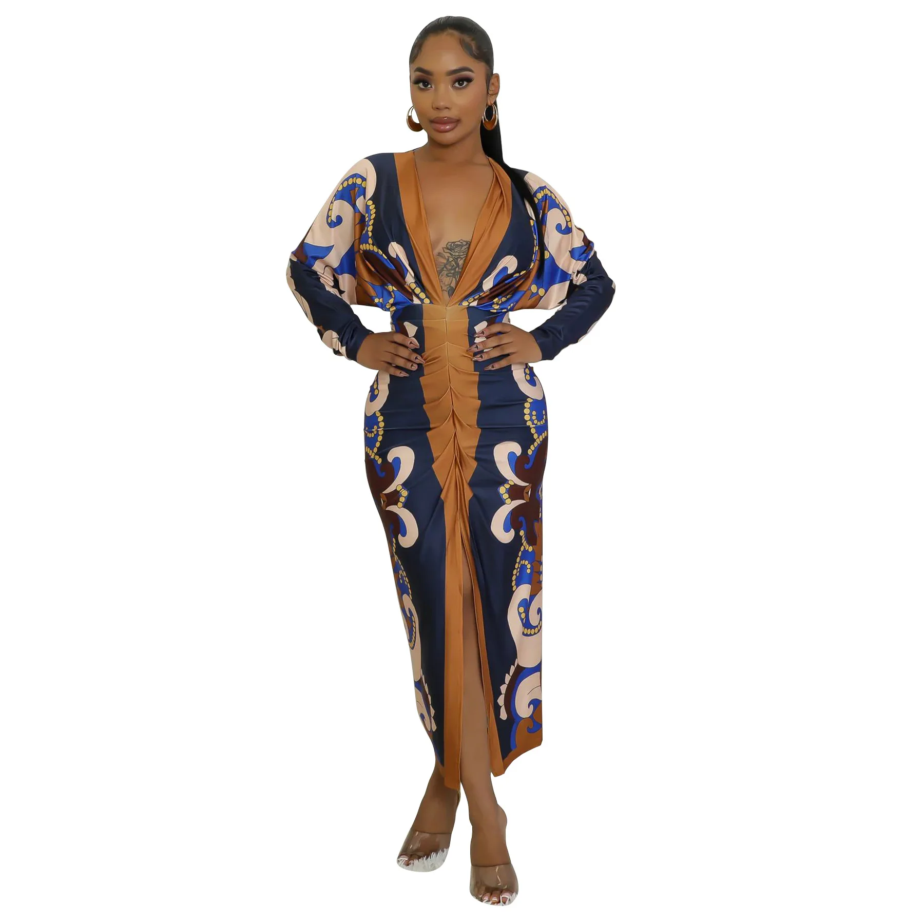 Summer Dress Beach 2024 Swim Wear Swimming Cover Up For Ladies Outing Women's Color Printed Sexy V-Neck Long Sleeve Slit Skirt