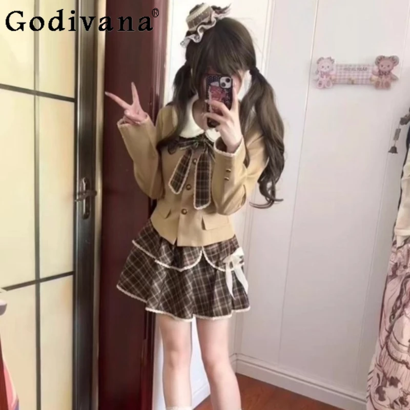 

Doll Collar Jacket High Waist Skirt Two Piece Set Women Autumn Korean College Plaid Bow Outfits Female Japanese Lolita Suits