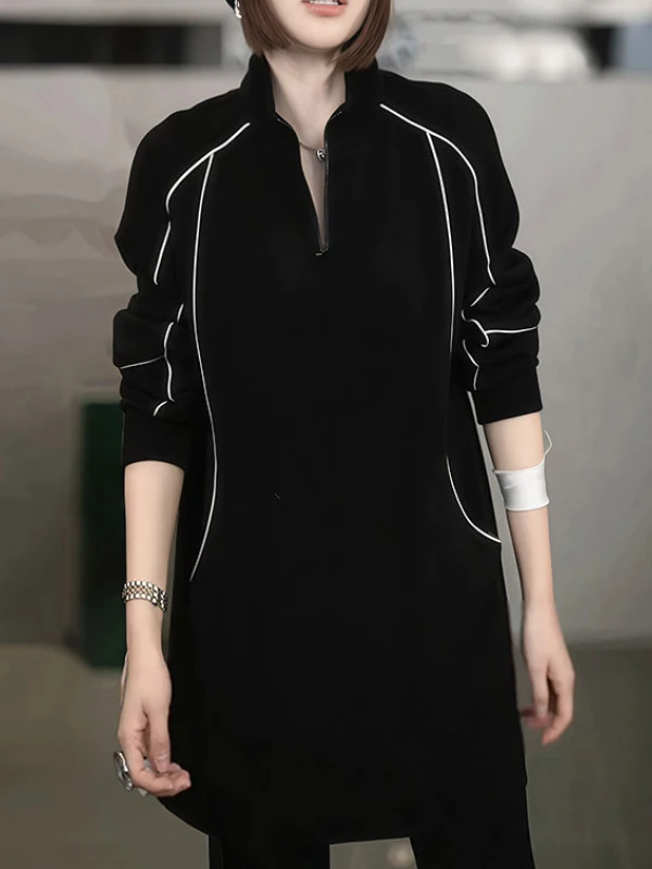 

Casual Loose Hoodie Women plus Size Autumn Winter Big Code Fat MM Stand Collar f Zipper Long Sve Striped Top