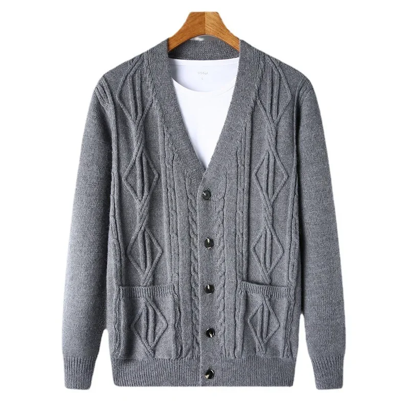 

Autumn Mid Youth Thickened Knitted Cardigan Diamond Loose Thread Shirt Men's Casual V-neck Sweater Coat Trend