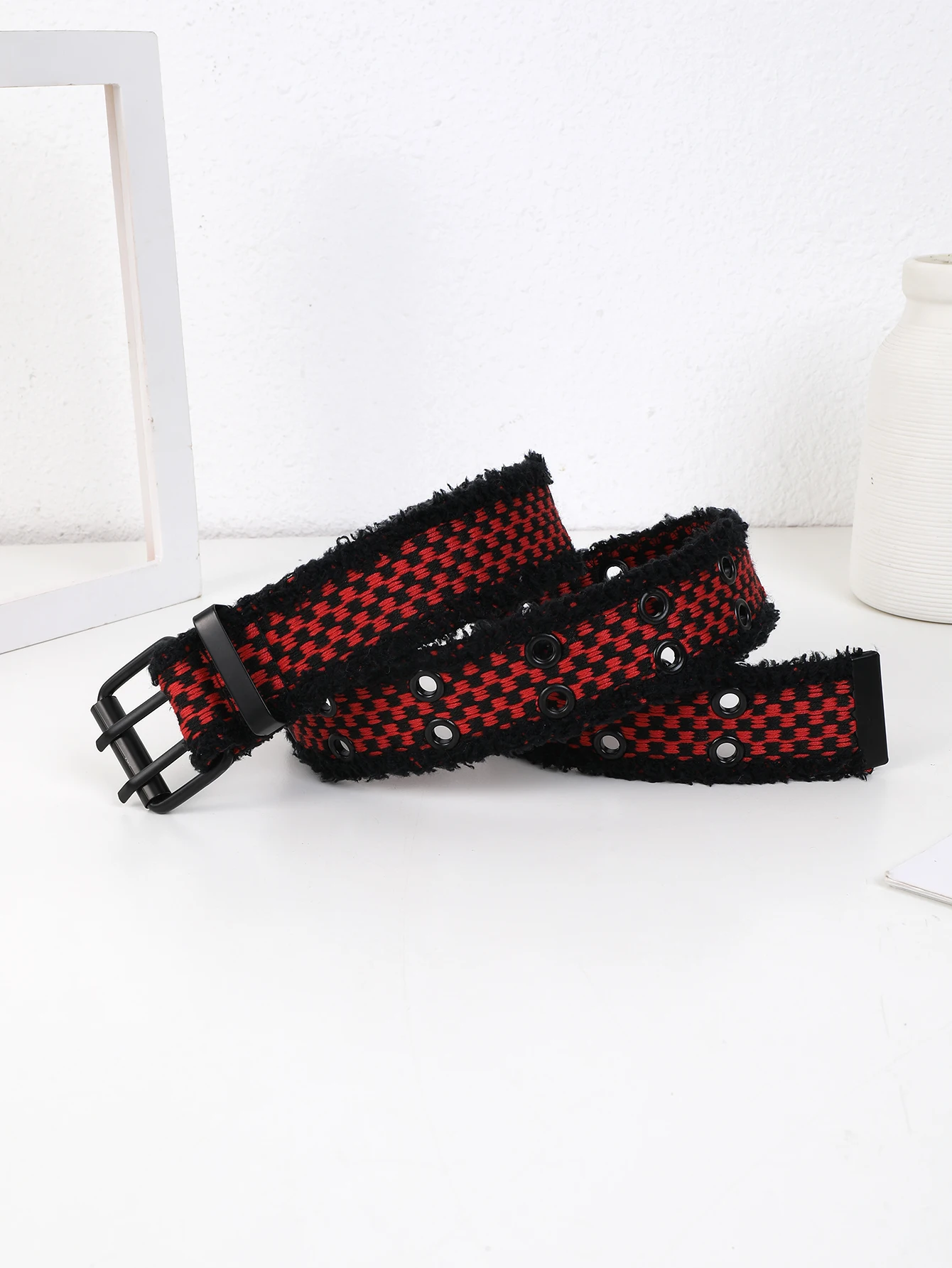 Thyryfy Wide Waistband with Red Herringbone Pattern and Needle Buckle Featuring American punk Style Versatile Pants Accessories