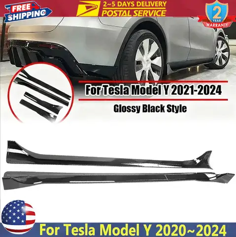 2PCS Glossy Black Side Skirt For Tesla Model Y 2020~2024 Body Kits Side Lip Extension Splitters Rocker Panel Auto Accessories