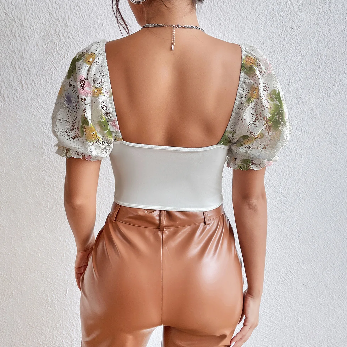 ISAROSE Summer Lace T-shirt for Women Floral Hollow Out Puff Sleeves Stretch Braless Low Cut Crop Tops Casual Backless Clothing