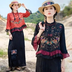 2024 chinese ethnic lace patchwork blouse national flower embroidery traditional satin jacquard folk blouse improved hanfu tops