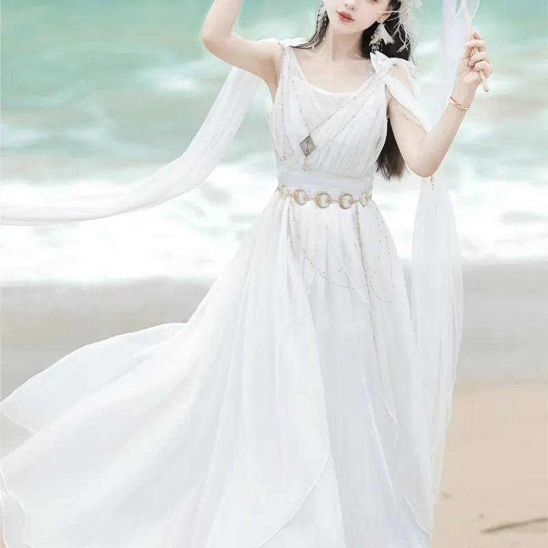 

Hanfu white fairy long dress dance Western regions photo exotic suit