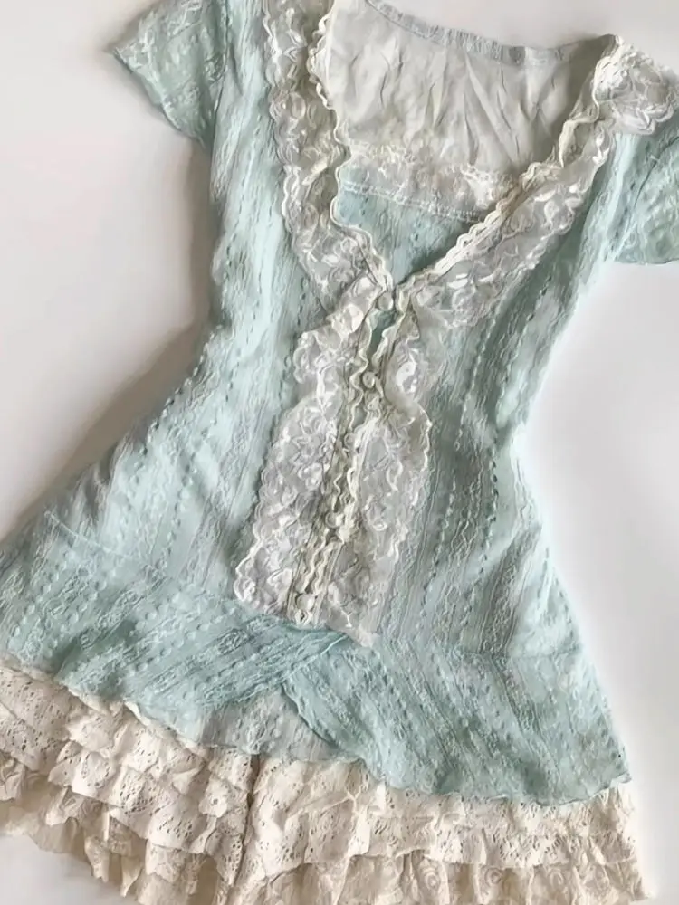 Y2k – ensemble 2 pièces Vintage en dentelle douce pour femmes, robes gothiques à plusieurs niveaux, coupe cintrée, Punk, robe courte, col en v, t-shirts d'été Sexy, robe basique