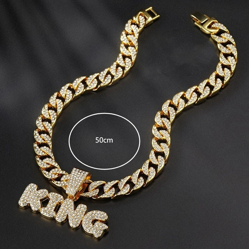 Hip Hop Personalized Cool KING Letter Pendant Necklace Men Trendy Cuban Link Chain Alloy Metal Necklace  Punk Fashion Jewelry