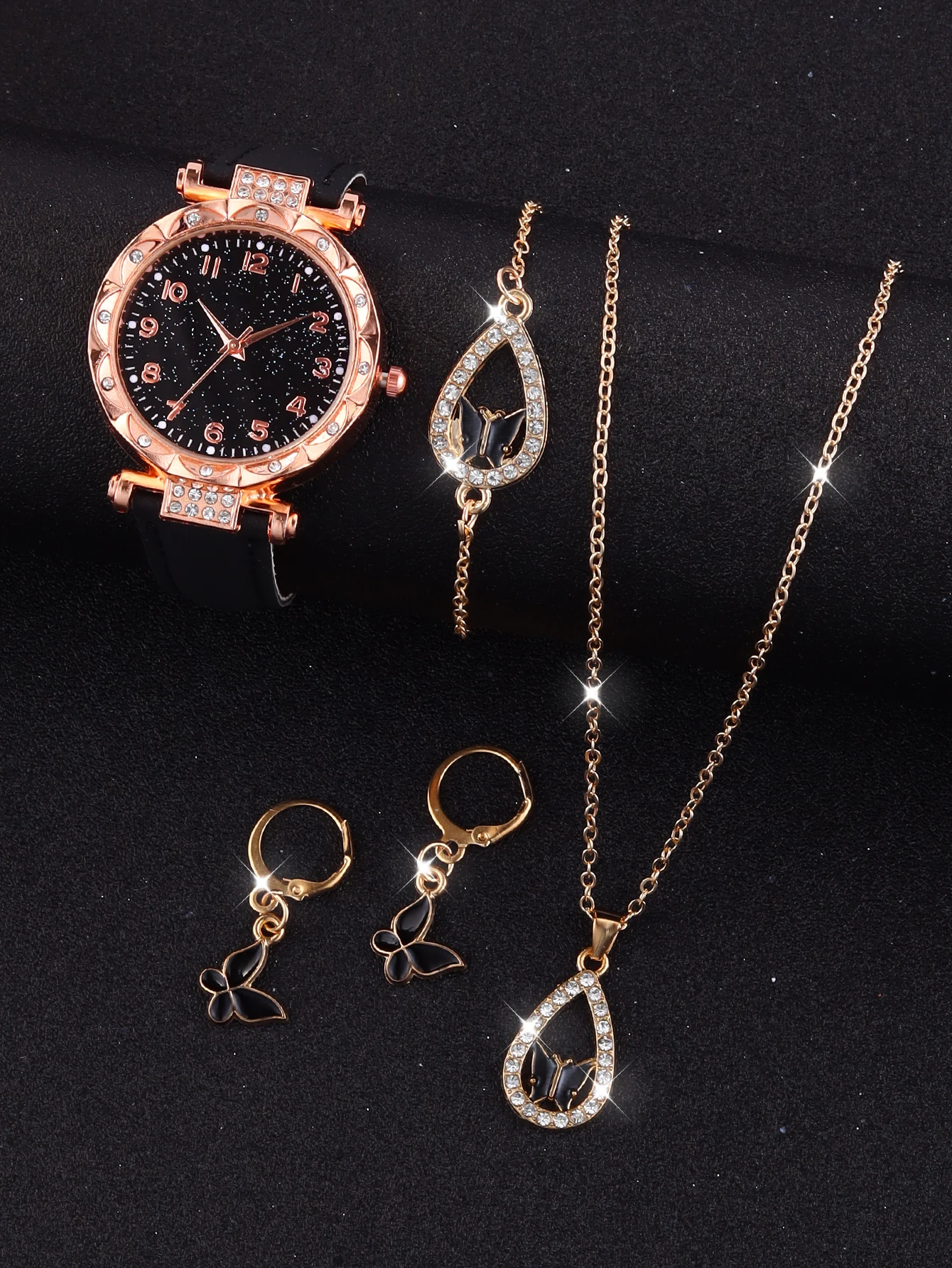 Fashion classic Black Skin women's quartz watch with butterfly diamond necklace jewelry set analog watch gift