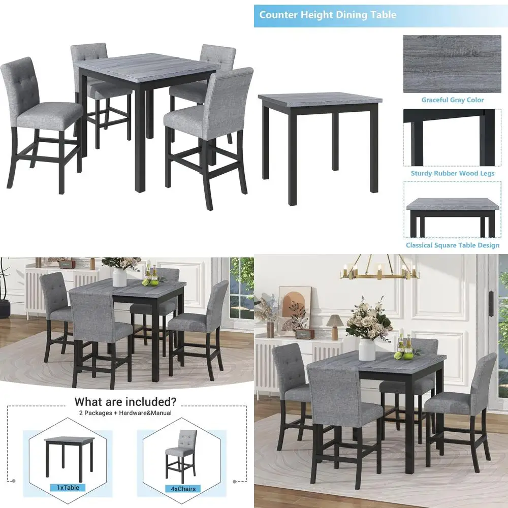 

TOPMAX 5-Piece Counter Height Dining Set with Wood Square Table Stools,Recular Tabletop w/ootrest & 4 Upholstered High-Back Chai