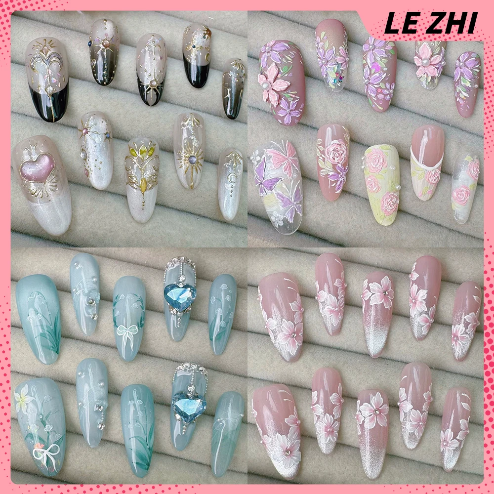 

10Pcs Long Coffin Almond Handmade Nail Party Stickers Hand Painting Flower Pearl Cat Eyes Rhinestone Wearable Full Cover Nail