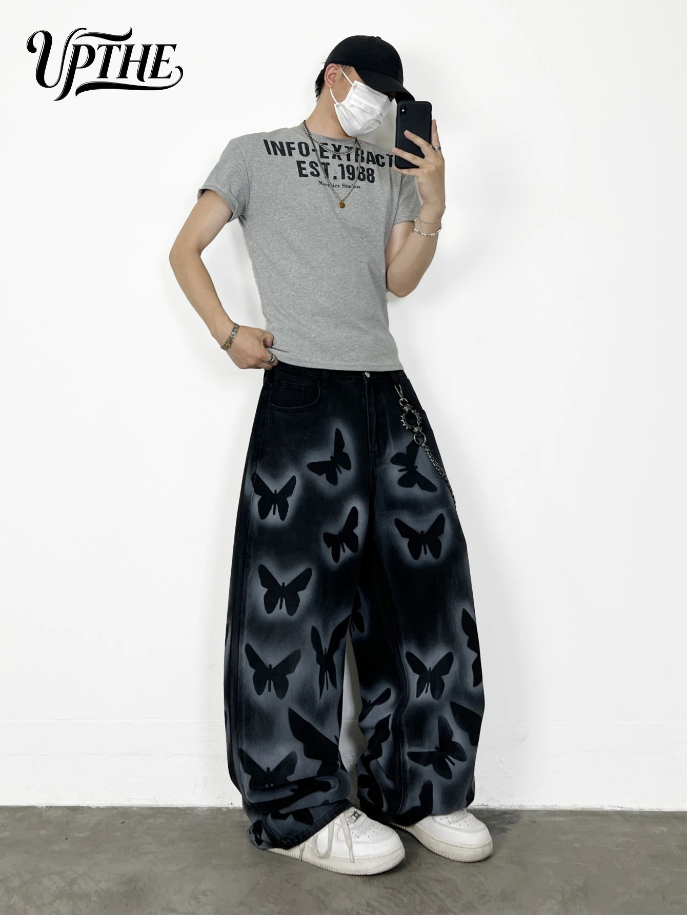 UPTHE Men's Baggy Wide Leg Black Jeans, Butterfly Print Gradient Washed Denim Pants, Oversized Loose Fit Y2K Hip Hop Streetwear Jeans for Men - view 4